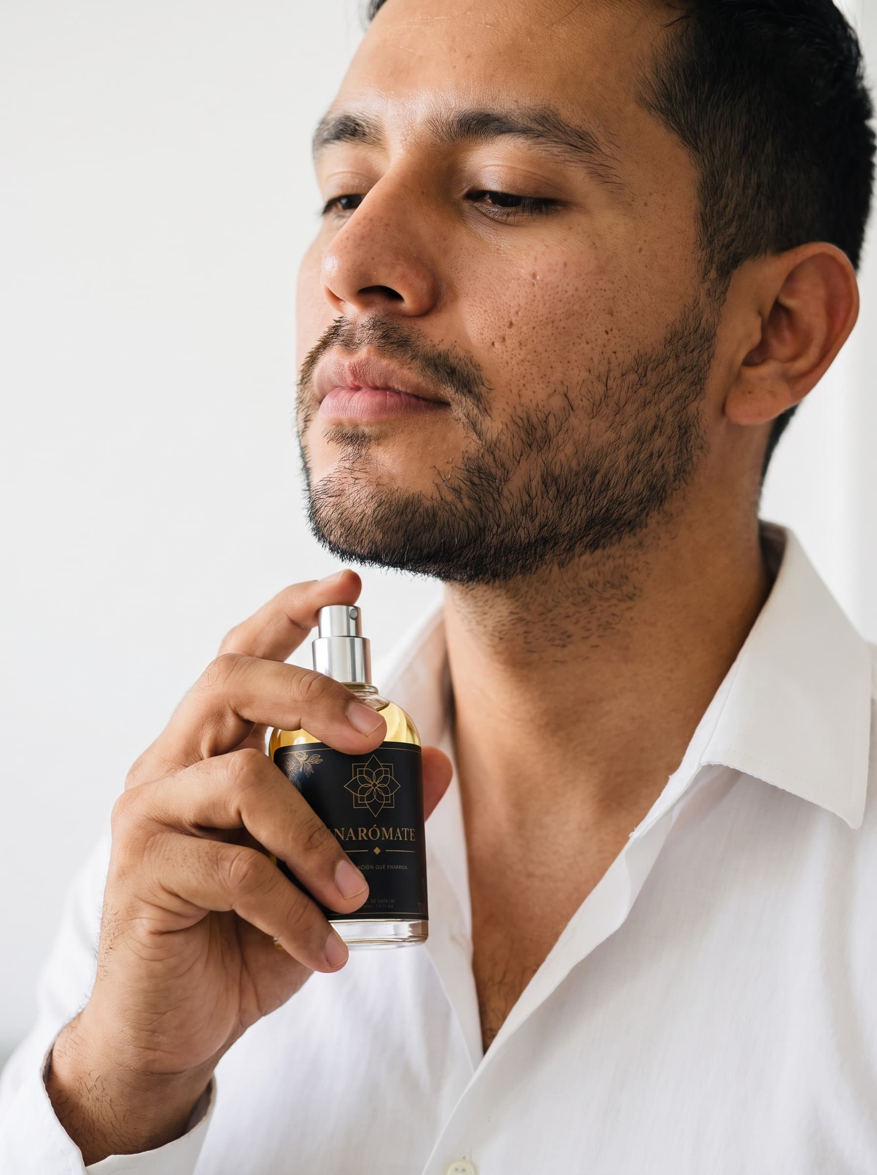 Hombre de camisa blanca aplicándose perfume en el cuello