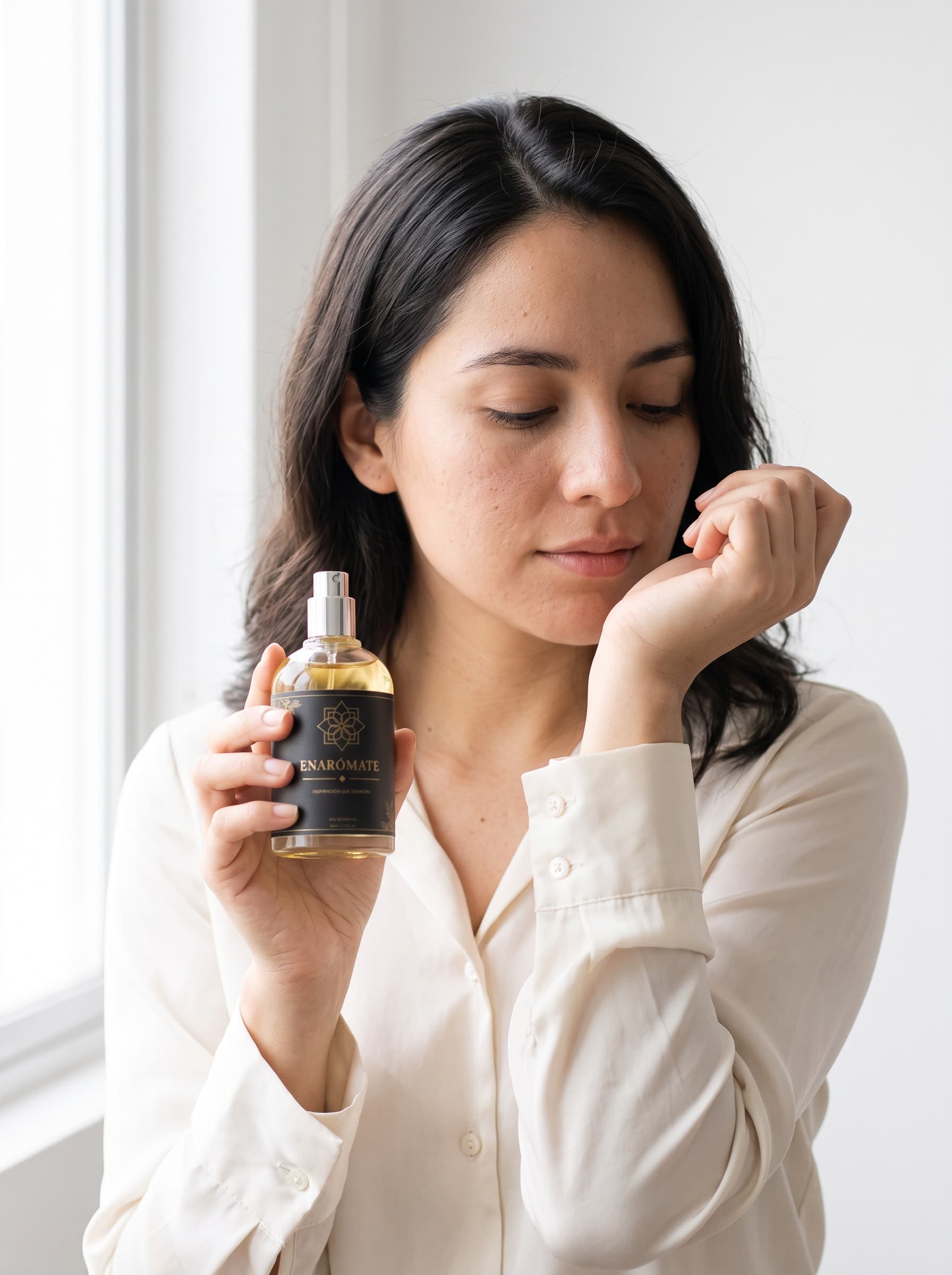 Mujer aplicándose Eau de Parfum en la muñeca con luz de ventana