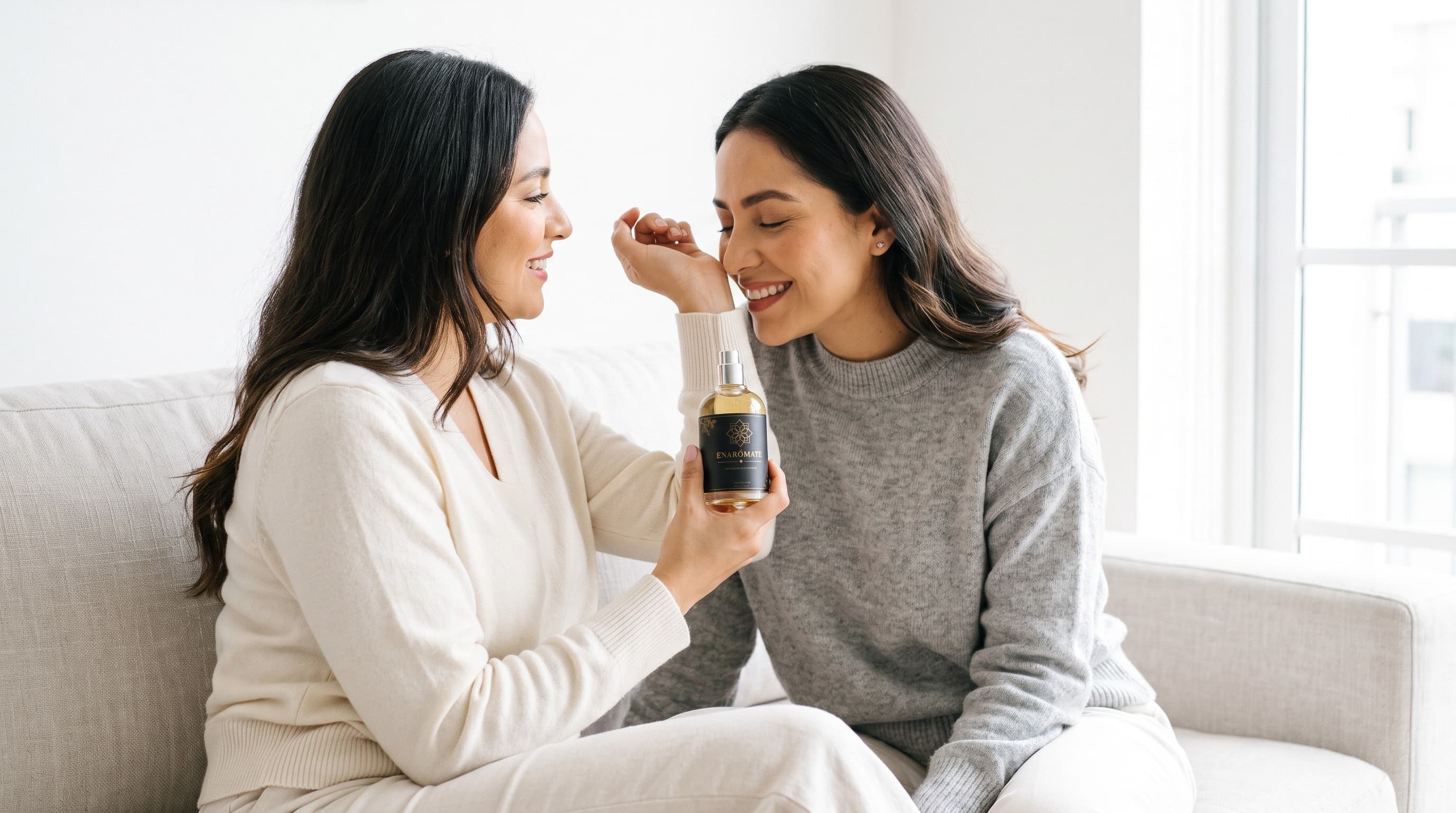 Dos amigas riendo mientras una acerca la muñeca perfumada